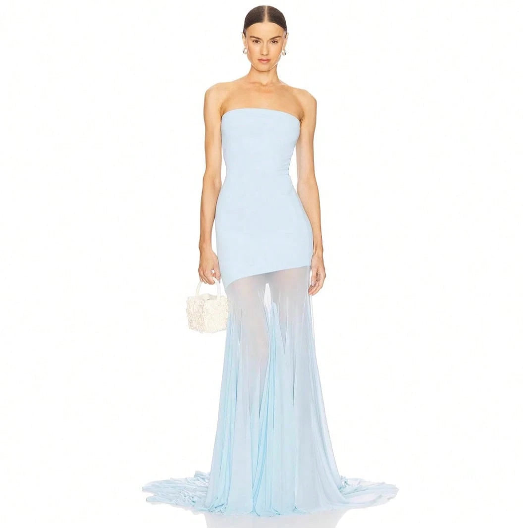 Women's Strapless Mermaid Gown, Mesh Paneled Floor Length Dress For Formal Events & Galas