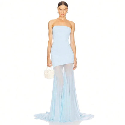 Women's Strapless Mermaid Gown, Mesh Paneled Floor Length Dress For Formal Events & Galas