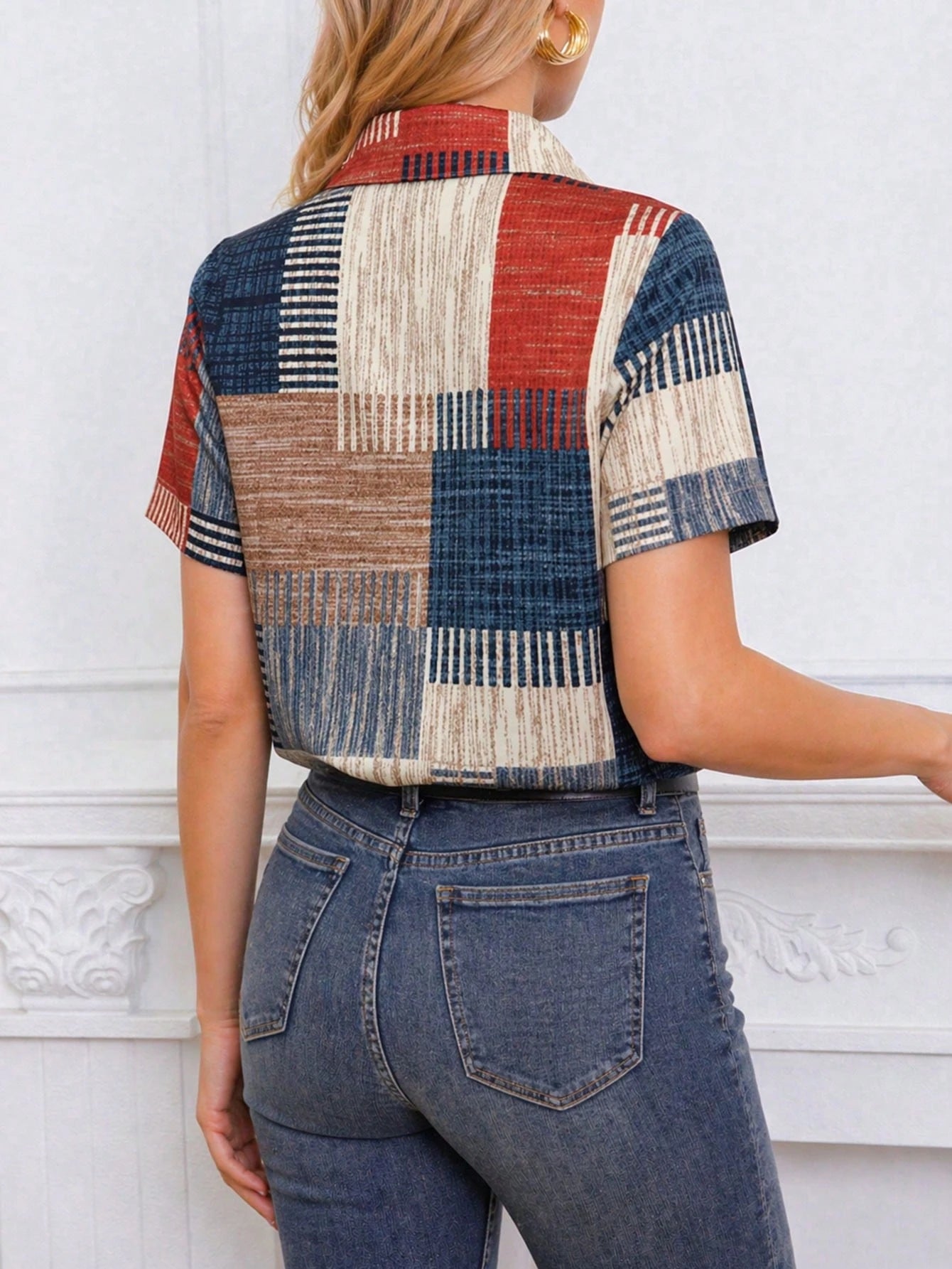 Women's Striped Color Block Patchwork Pattern Front Button Vacation Short Sleeve Shirt Summer