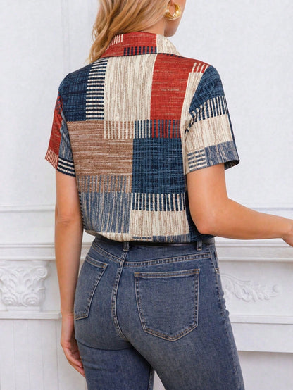 Women's Striped Color Block Patchwork Pattern Front Button Vacation Short Sleeve Shirt Summer