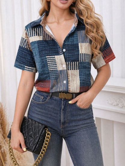 Women's Striped Color Block Patchwork Pattern Front Button Vacation Short Sleeve Shirt Summer