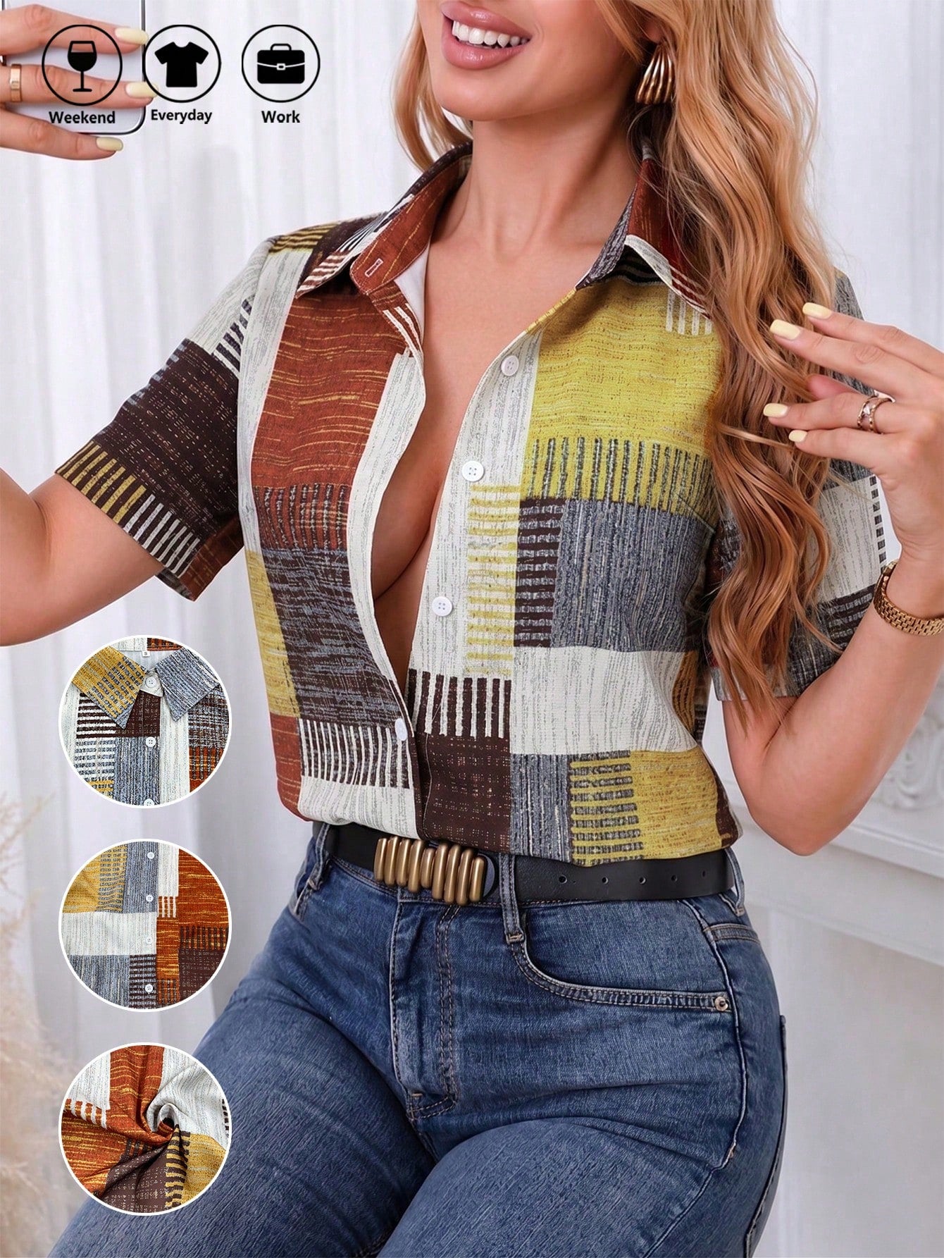 Women's Striped Color Block Patchwork Pattern Front Button Vacation Short Sleeve Shirt Summer