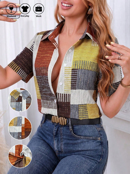 Women's Striped Color Block Patchwork Pattern Front Button Vacation Short Sleeve Shirt Summer