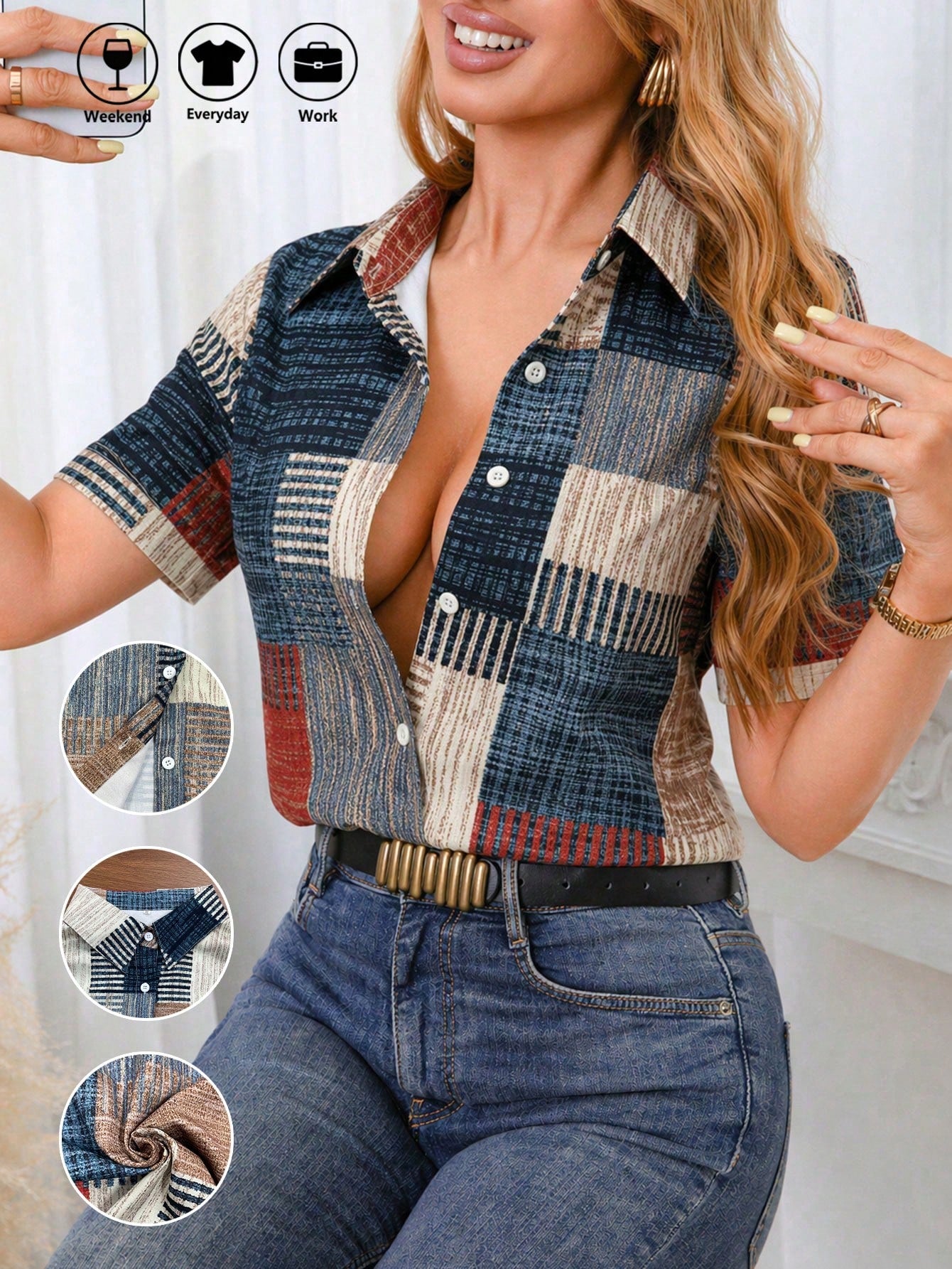 Women's Striped Color Block Patchwork Pattern Front Button Vacation Short Sleeve Shirt Summer