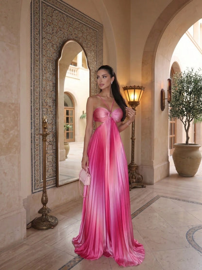 Women's Stunning Pink Ombre Pleated Long Cami Maxi Dress Sleeveless Flared Hem Elegant Party Dress Woven Fabric Prom Gown