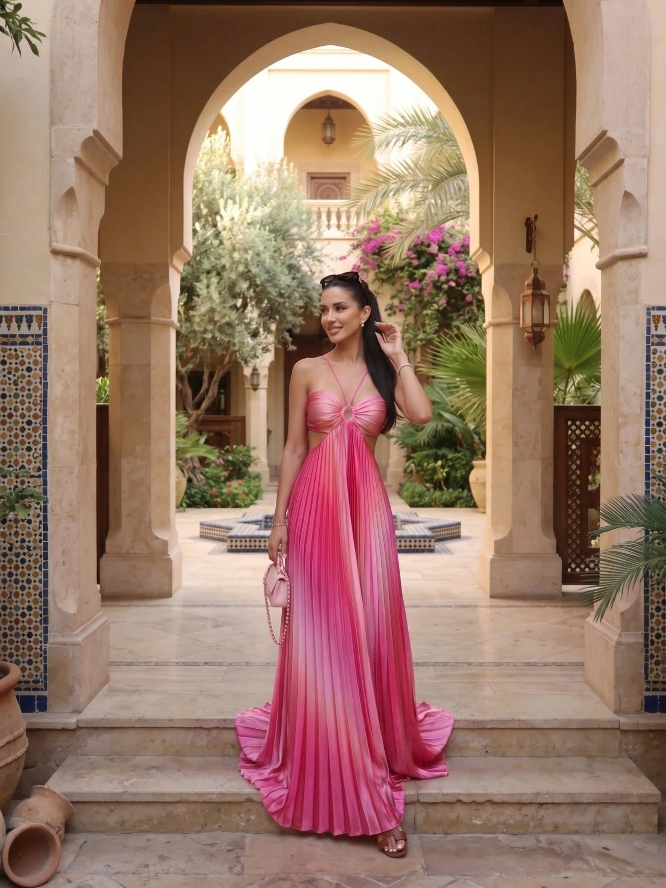 Women's Stunning Pink Ombre Pleated Long Cami Maxi Dress Sleeveless Flared Hem Elegant Party Dress Woven Fabric Prom Gown