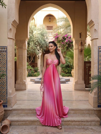 Women's Stunning Pink Ombre Pleated Long Cami Maxi Dress Sleeveless Flared Hem Elegant Party Dress Woven Fabric Prom Gown