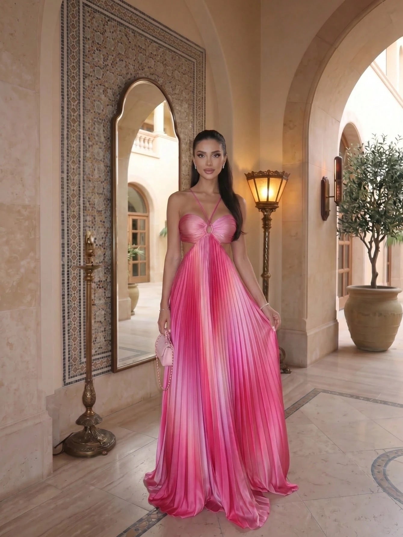 Women's Stunning Pink Ombre Pleated Long Cami Maxi Dress Sleeveless Flared Hem Elegant Party Dress Woven Fabric Prom Gown