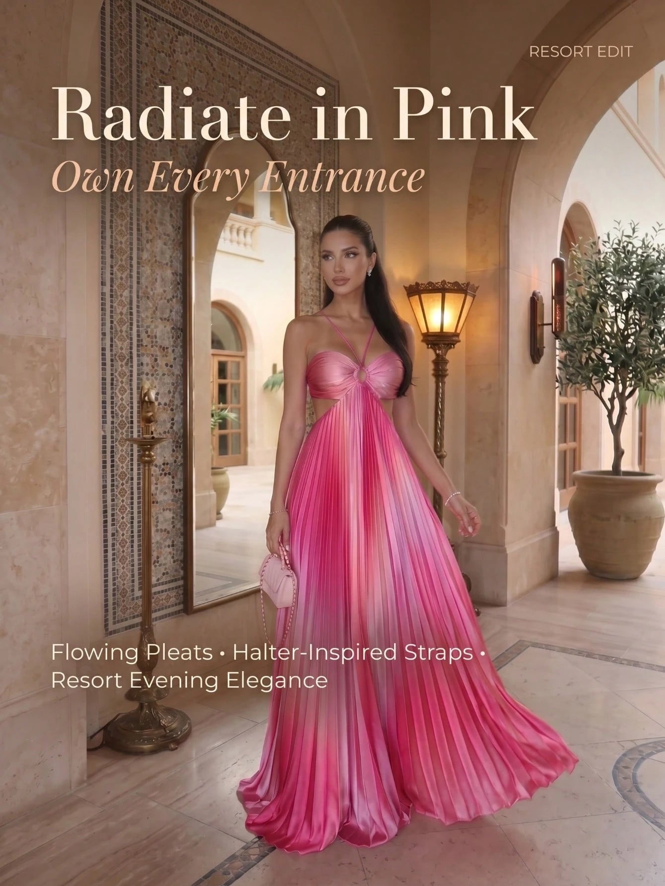 Women's Stunning Pink Ombre Pleated Long Cami Maxi Dress Sleeveless Flared Hem Elegant Party Dress Woven Fabric Prom Gown