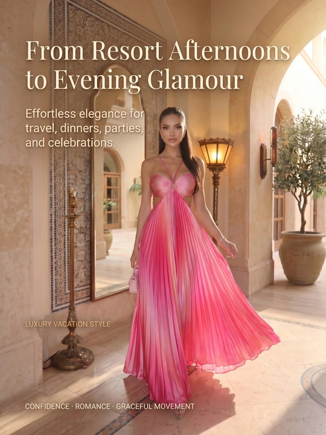 Women's Stunning Pink Ombre Pleated Long Cami Maxi Dress Sleeveless Flared Hem Elegant Party Dress Woven Fabric Prom Gown