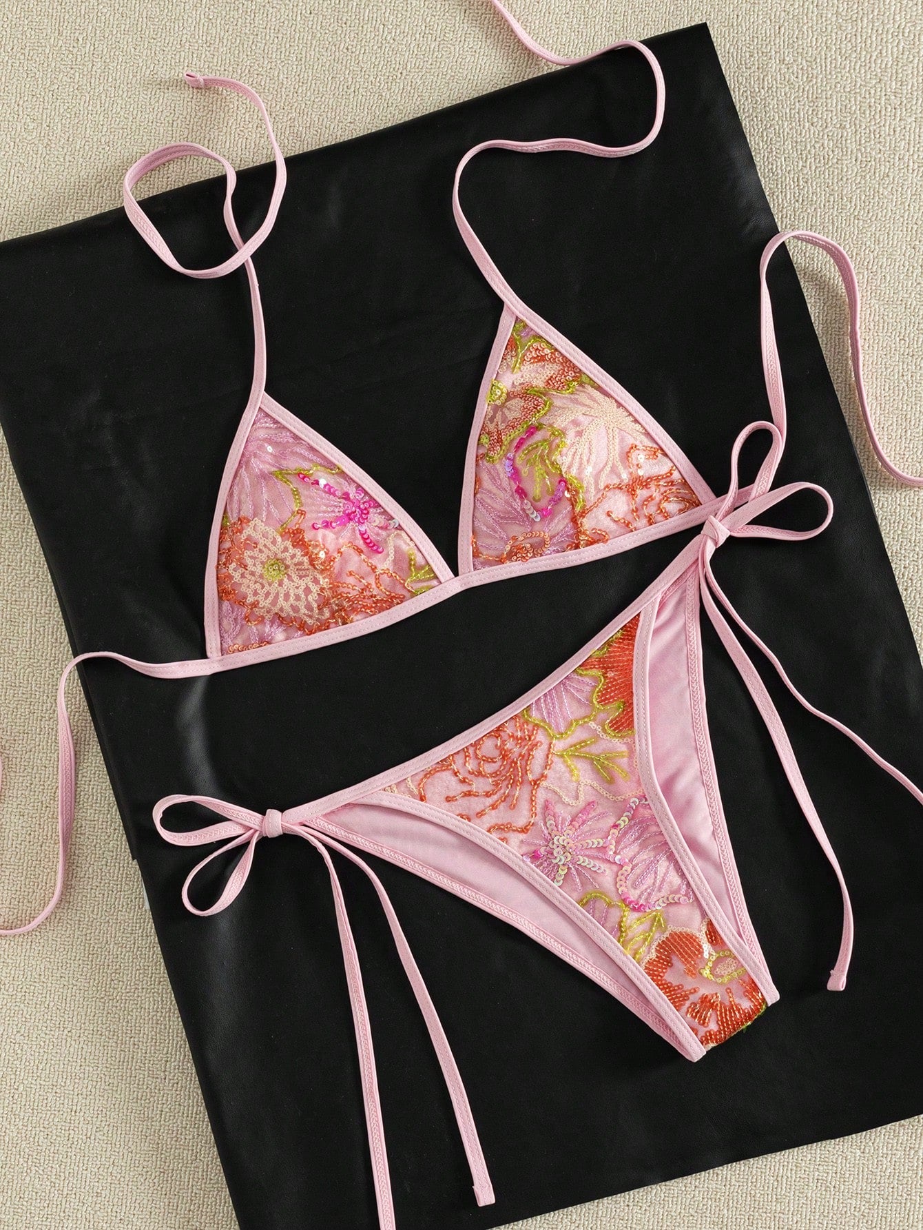 Women's Summer Camisole Bikini Set, Handmade Beaded Contrast Color Bikini Pink Vacation Beach
