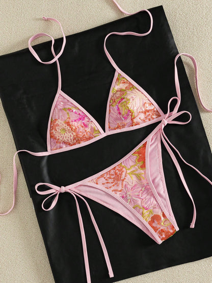 Women's Summer Camisole Bikini Set, Handmade Beaded Contrast Color Bikini Pink Vacation Beach