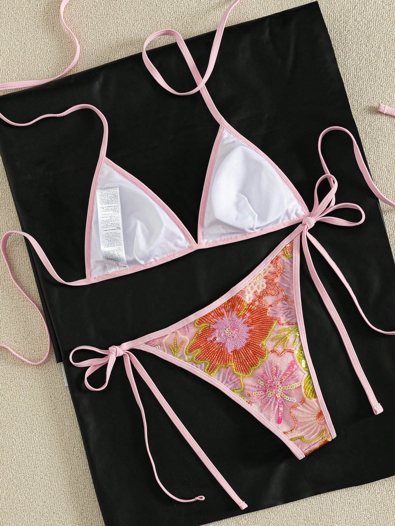 Women's Summer Camisole Bikini Set, Handmade Beaded Contrast Color Bikini Pink Vacation Beach