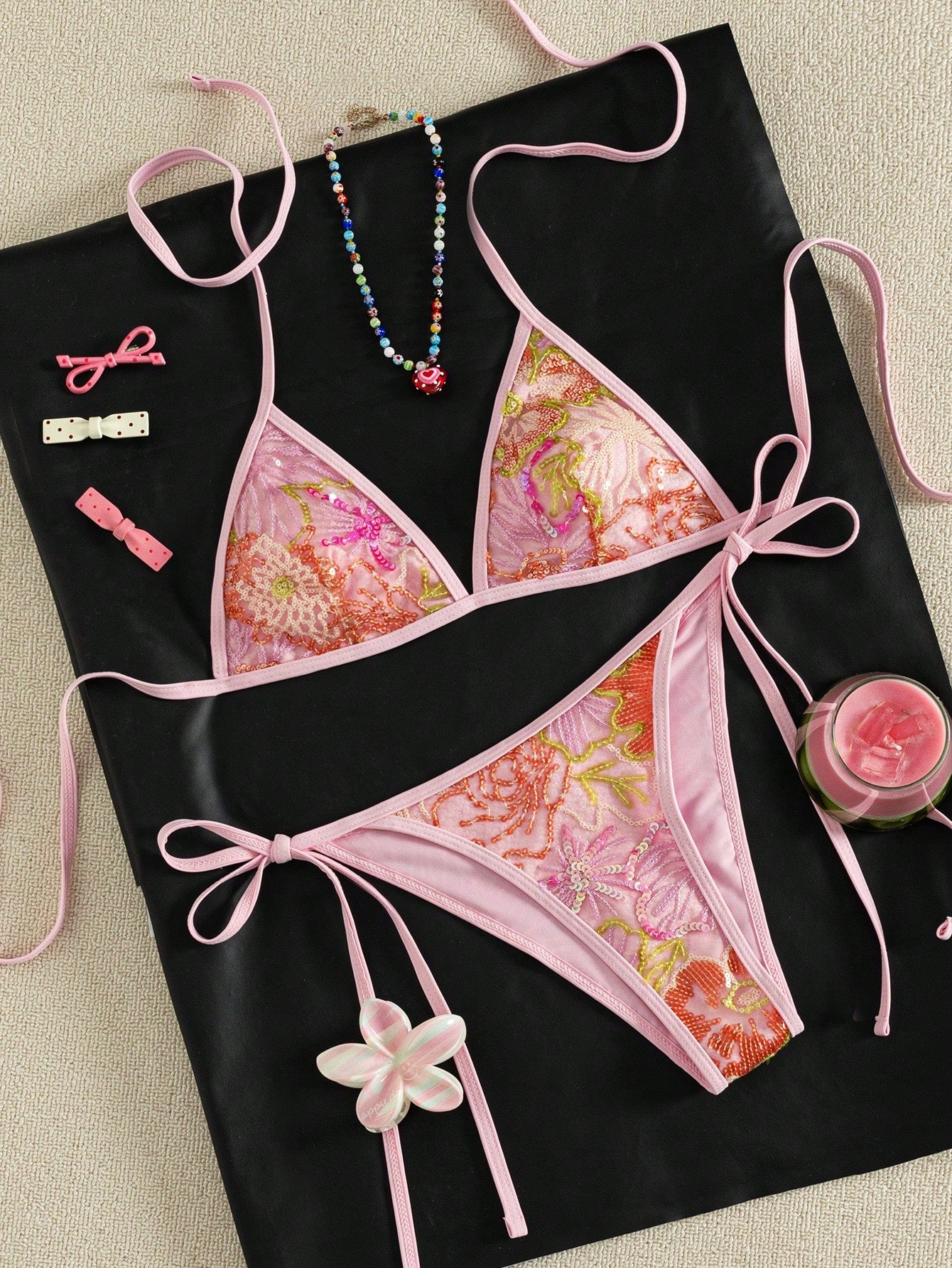 Women's Summer Camisole Bikini Set, Handmade Beaded Contrast Color Bikini Pink Vacation Beach