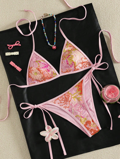 Women's Summer Camisole Bikini Set, Handmade Beaded Contrast Color Bikini Pink Vacation Beach