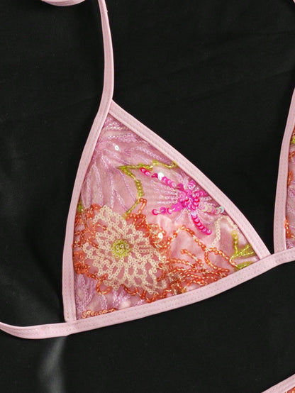 Women's Summer Camisole Bikini Set, Handmade Beaded Contrast Color Bikini Pink Vacation Beach