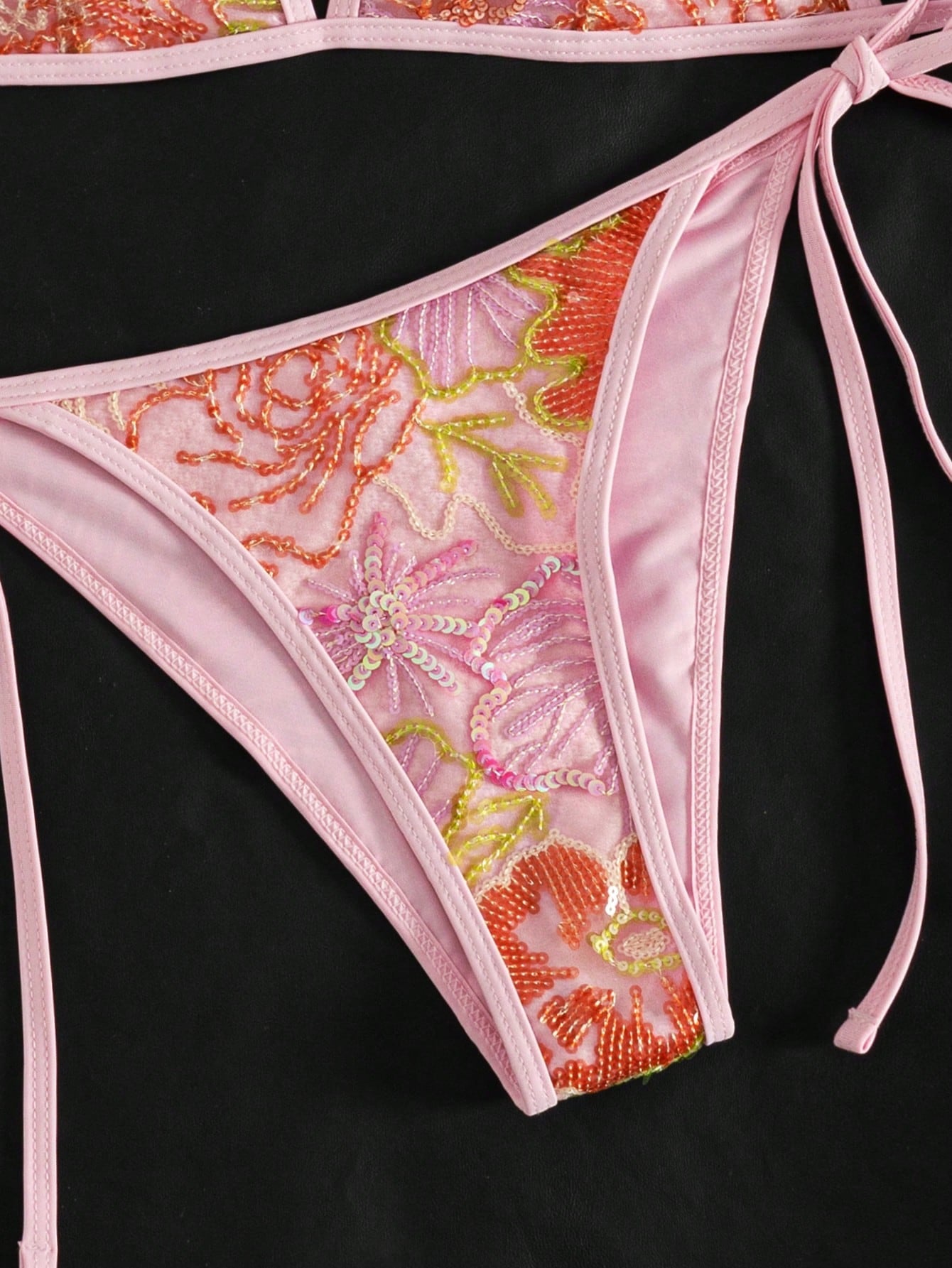 Women's Summer Camisole Bikini Set, Handmade Beaded Contrast Color Bikini Pink Vacation Beach
