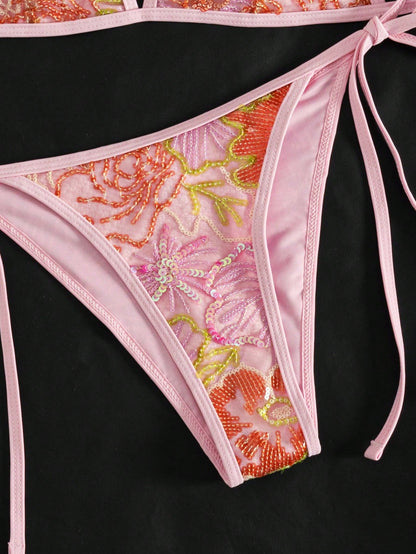 Women's Summer Camisole Bikini Set, Handmade Beaded Contrast Color Bikini Pink Vacation Beach