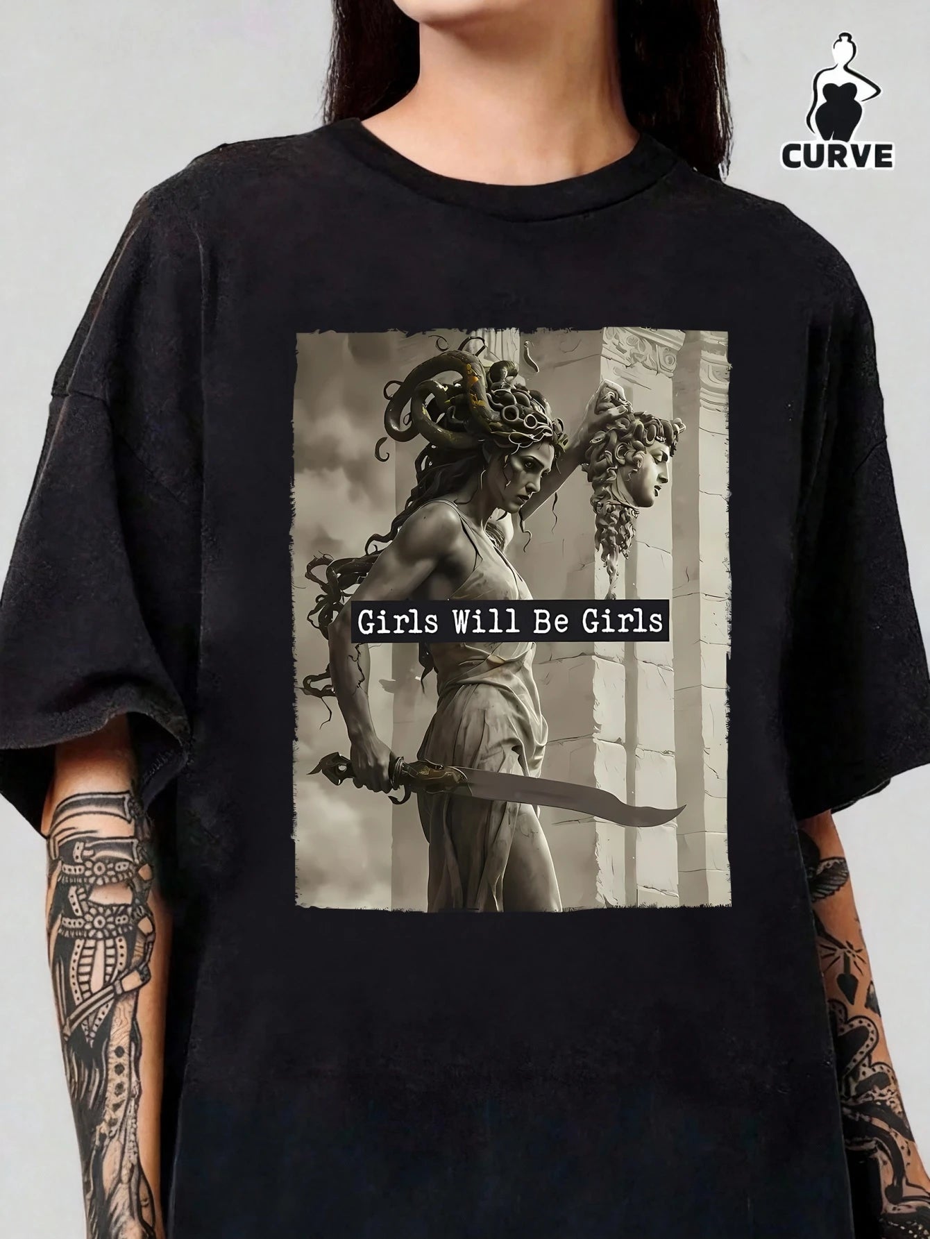 Women's Summer Medusa & Persephone Portrait Print Round Neck Short Sleeve Casual Everyday Black Plus Size T-Shirt, "Girls Just Wanna Have Fun" Graphic Tee, Black Collegiate Style Daily Wear