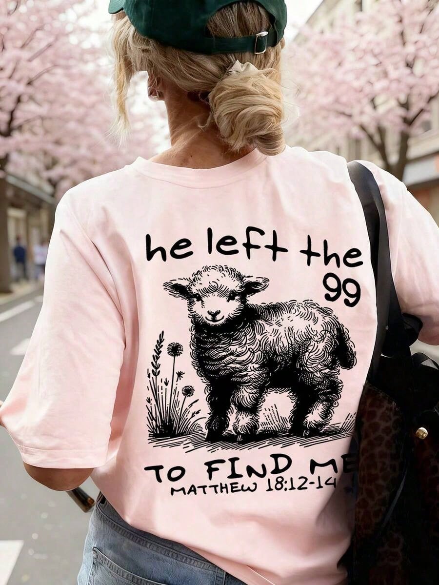 Women's Summer New Simple Letter Alpaca Animal Print Casual Vacation Loose Versatile Round Neck Beige Short Sleeve T-Shirt, Fashionable Everyday Top
