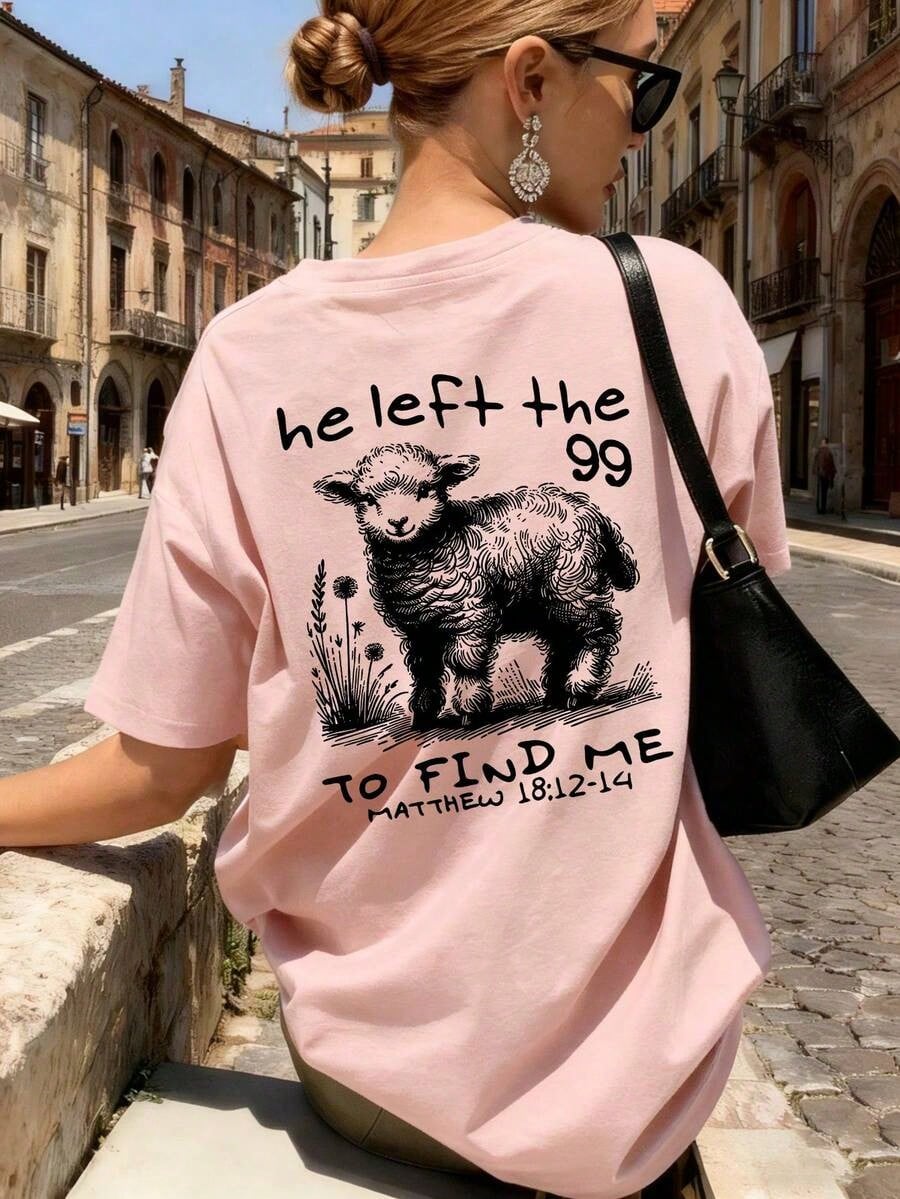 Women's Summer New Simple Letter Alpaca Animal Print Casual Vacation Loose Versatile Round Neck Beige Short Sleeve T-Shirt, Fashionable Everyday Top