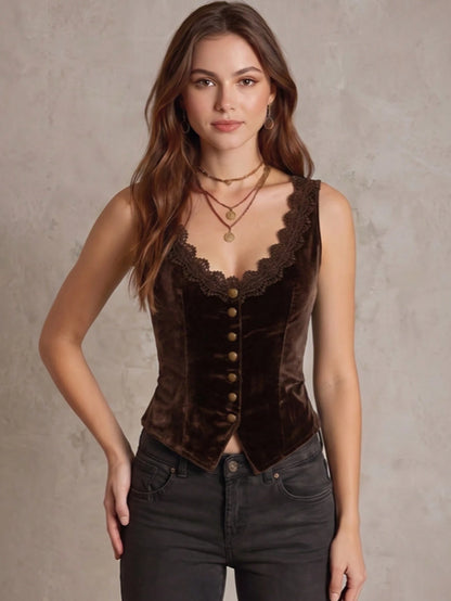Women's V-Neck Velvet Tank Top, Lace Trim And Button Design Velvet Tank Top Casual Vacation Summer