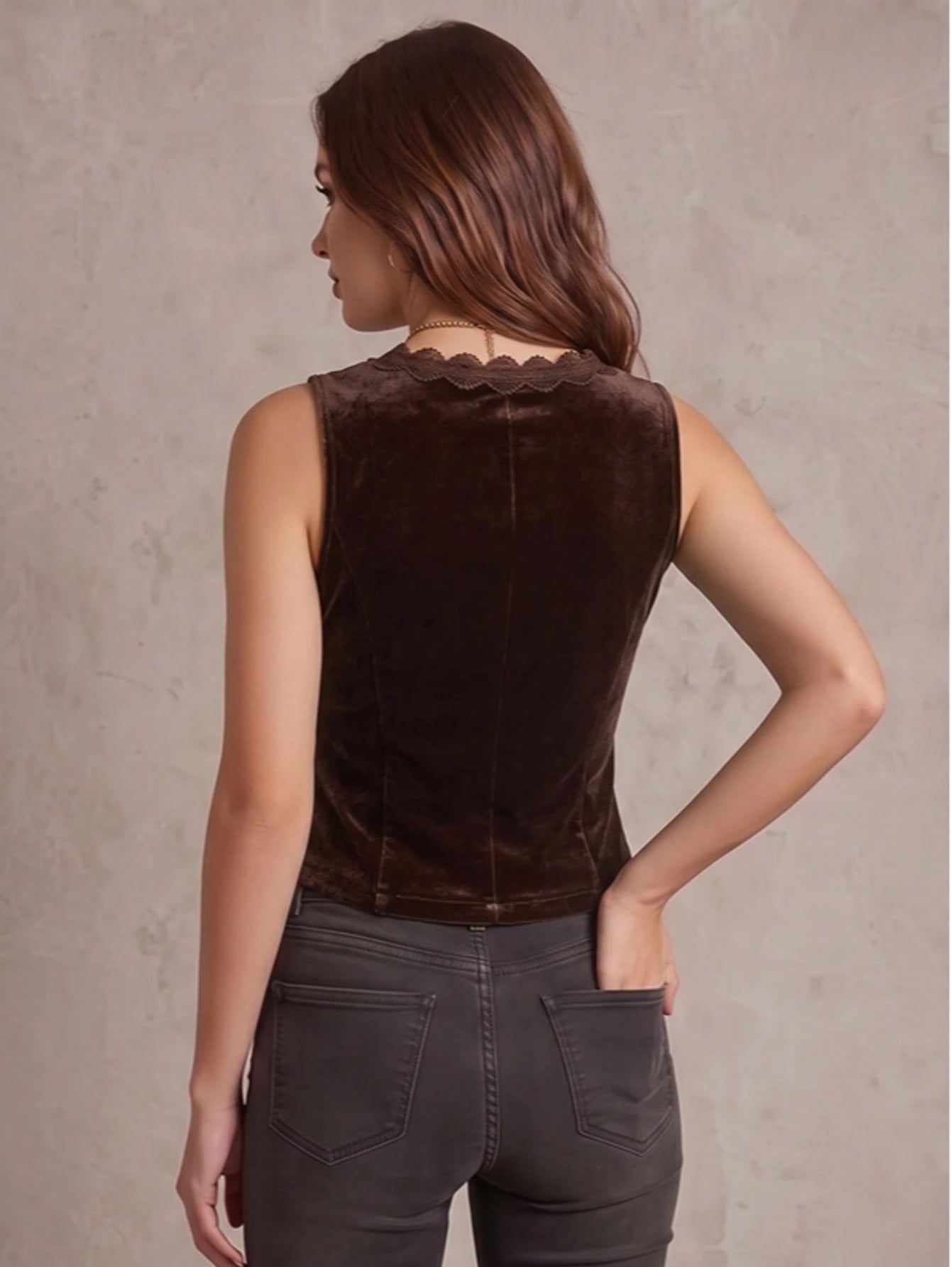 Women's V-Neck Velvet Tank Top, Lace Trim And Button Design Velvet Tank Top Casual Vacation Summer