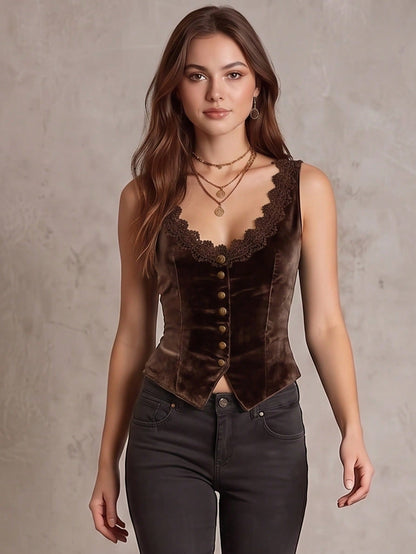 Women's V-Neck Velvet Tank Top, Lace Trim And Button Design Velvet Tank Top Casual Vacation Summer
