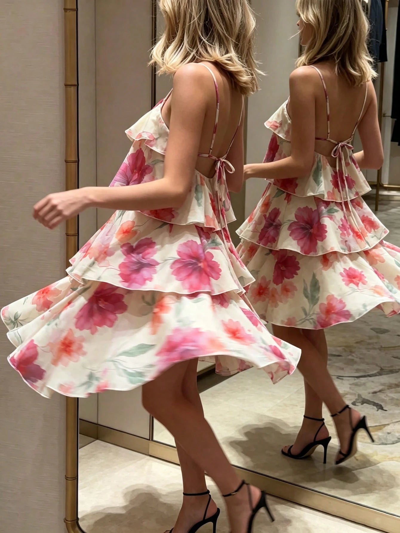 Women's Vacation Halter Floral Print Layered Ruffle Hem Dress Elegant Summer