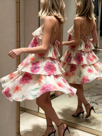 Women's Vacation Halter Floral Print Layered Ruffle Hem Dress Elegant Summer