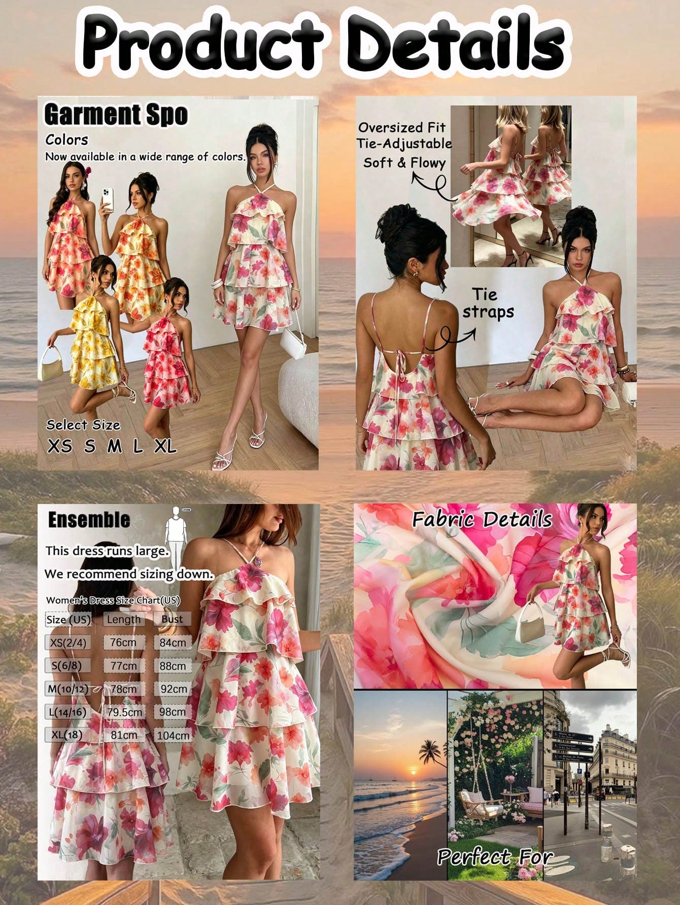 Women's Vacation Halter Floral Print Layered Ruffle Hem Dress Elegant Summer