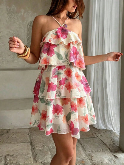 Women's Vacation Halter Floral Print Layered Ruffle Hem Dress Elegant Summer