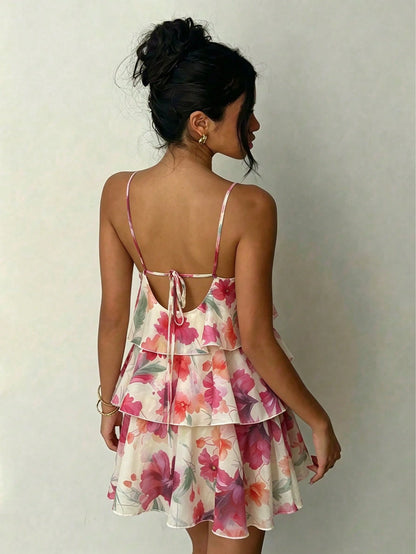 Women's Vacation Halter Floral Print Layered Ruffle Hem Dress Elegant Summer