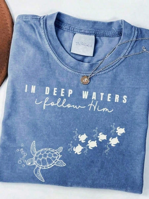 Women's Vintage Christian Ocean Turtle Graphic Cotton T-Shirt, Loose Fit Crew Neck Short Sleeve Top, Geometric Pattern Design