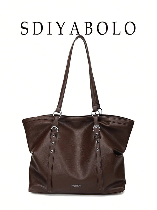 Women's Vintage Tote Bag, Adjustable Strap Large Capacity Handbag, Minimalist Solid Color Commuter Shopping Crossbody Bag