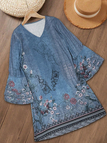 Women's Western Retro Printed V-Neck Long Sleeve Dress Casual Vacation Spring Elegant