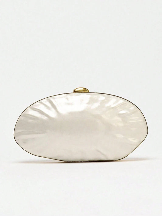 Women's White Formal Clutch Bag, Pearl Effect Hard Shell Box Shaped Clutch, Acrylic Shell Cocktail Handbag, Shoulder Crossbody Bag