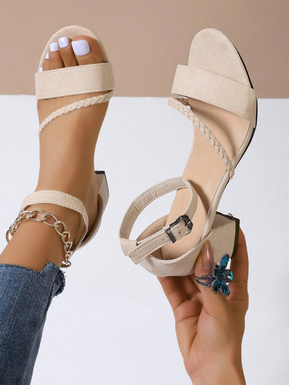 Women's White High Heel Sandals, Summer Sandals, Strap White High Heel Sandals, Round Toe Fashion Woven Strap Chunky Heel High Heels, Fairy Style