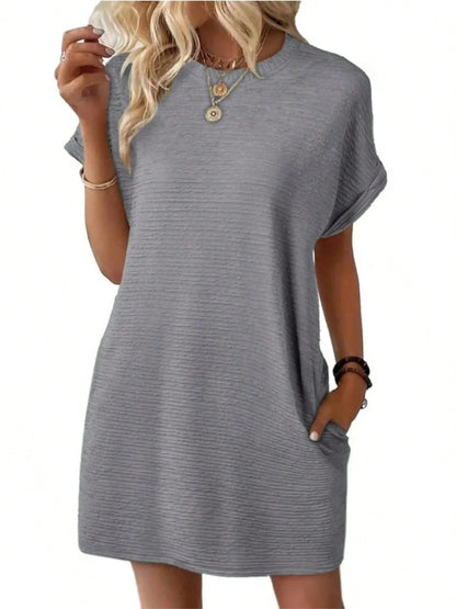 Women Textured Roll Cuff Mini T Shirt Dress, Crew Neck Loose Fit Side Pocket Casual Summer Sundress