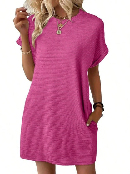 Women Textured Roll Cuff Mini T Shirt Dress, Crew Neck Loose Fit Side Pocket Casual Summer Sundress