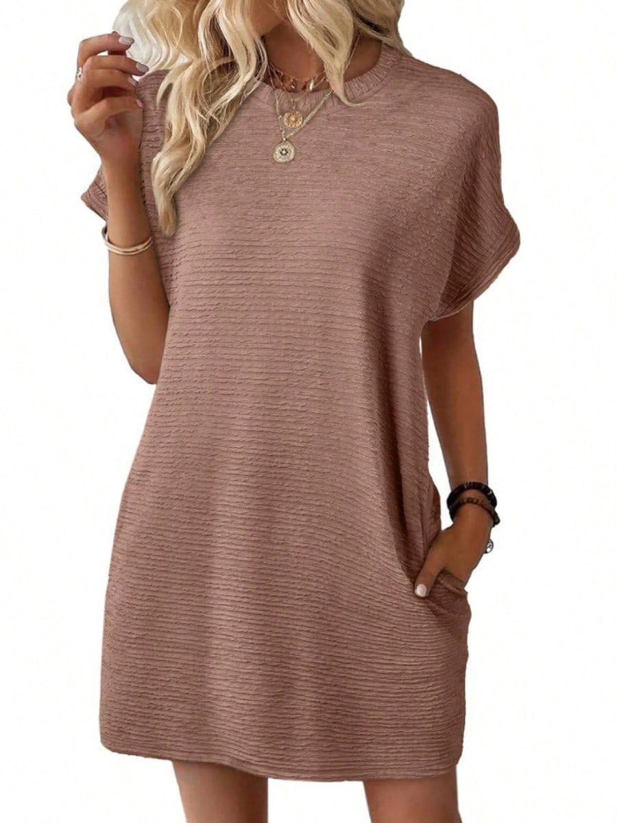 Women Textured Roll Cuff Mini T Shirt Dress, Crew Neck Loose Fit Side Pocket Casual Summer Sundress