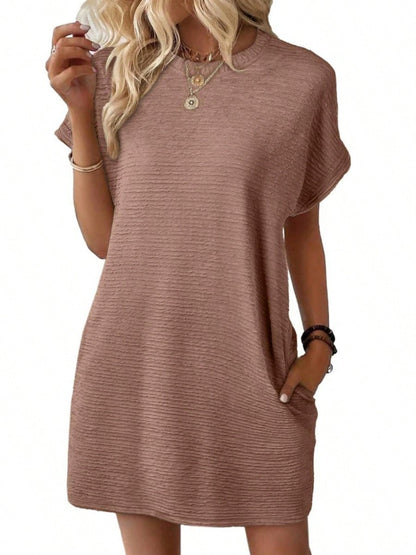 Women Textured Roll Cuff Mini T Shirt Dress, Crew Neck Loose Fit Side Pocket Casual Summer Sundress