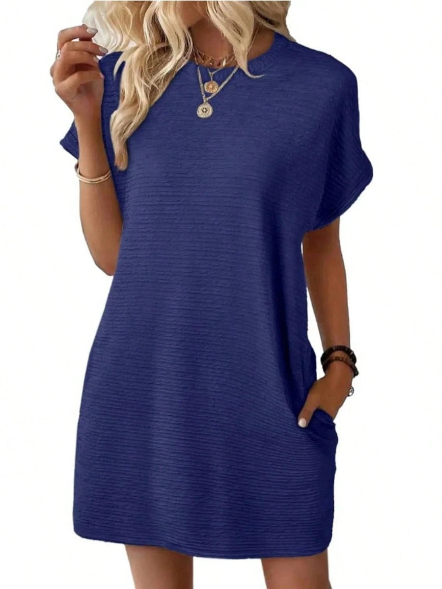 Women Textured Roll Cuff Mini T Shirt Dress, Crew Neck Loose Fit Side Pocket Casual Summer Sundress