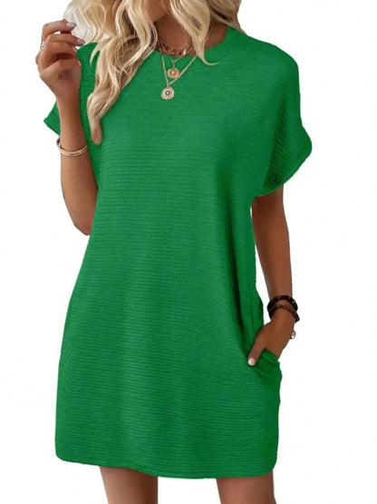 Women Textured Roll Cuff Mini T Shirt Dress, Crew Neck Loose Fit Side Pocket Casual Summer Sundress