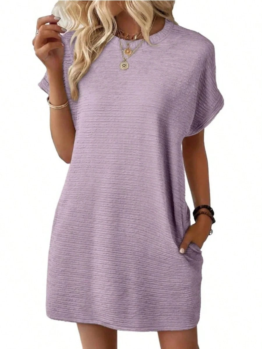 Women Textured Roll Cuff Mini T Shirt Dress, Crew Neck Loose Fit Side Pocket Casual Summer Sundress