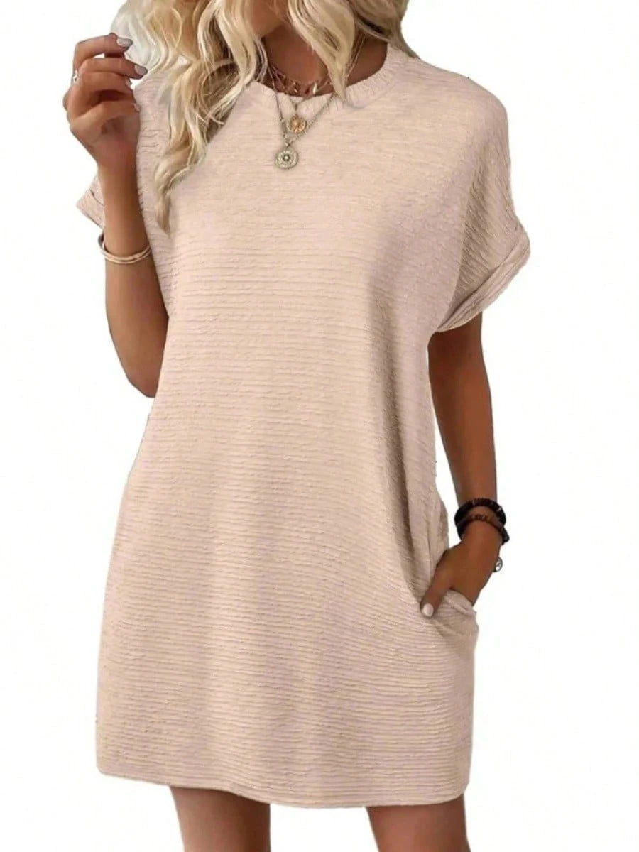 Women Textured Roll Cuff Mini T Shirt Dress, Crew Neck Loose Fit Side Pocket Casual Summer Sundress