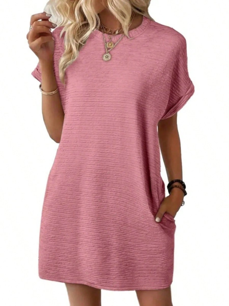 Women Textured Roll Cuff Mini T Shirt Dress, Crew Neck Loose Fit Side Pocket Casual Summer Sundress