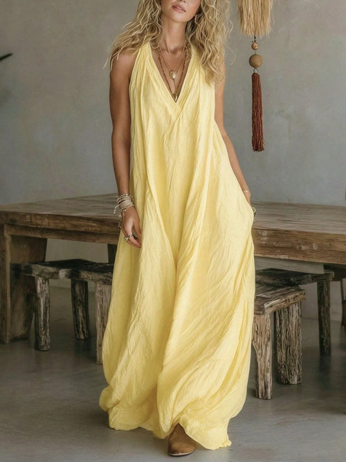 Women V-Neck Maxi Dress With Pockets Casual Loose Dress For Summer Vacation Beach Loungewear Wear