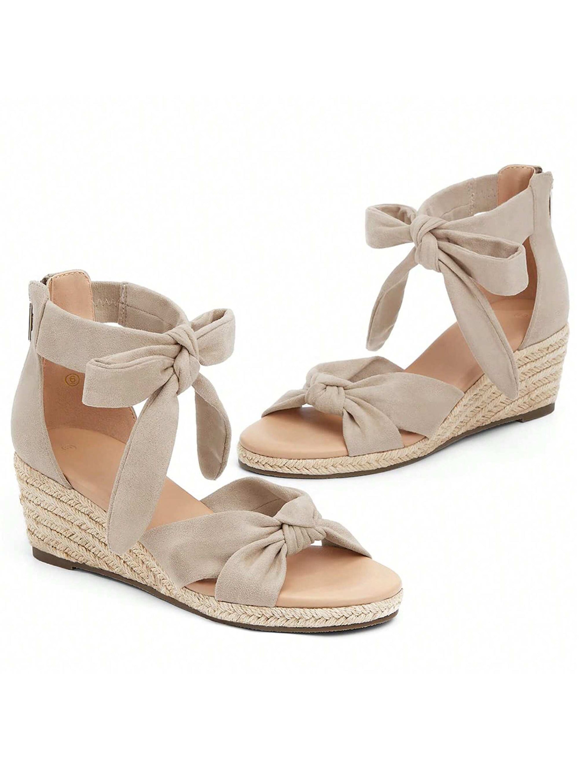 Womens Espadrilles Wedge Sandals Back Zipper Closure Open Toe Platform Ankle Strap Summer Dress Shoes With Bow Christmas Gift & New Year Gift