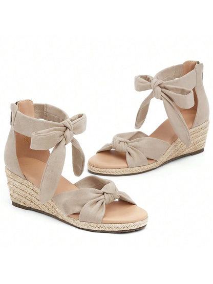 Womens Espadrilles Wedge Sandals Back Zipper Closure Open Toe Platform Ankle Strap Summer Dress Shoes With Bow Christmas Gift & New Year Gift